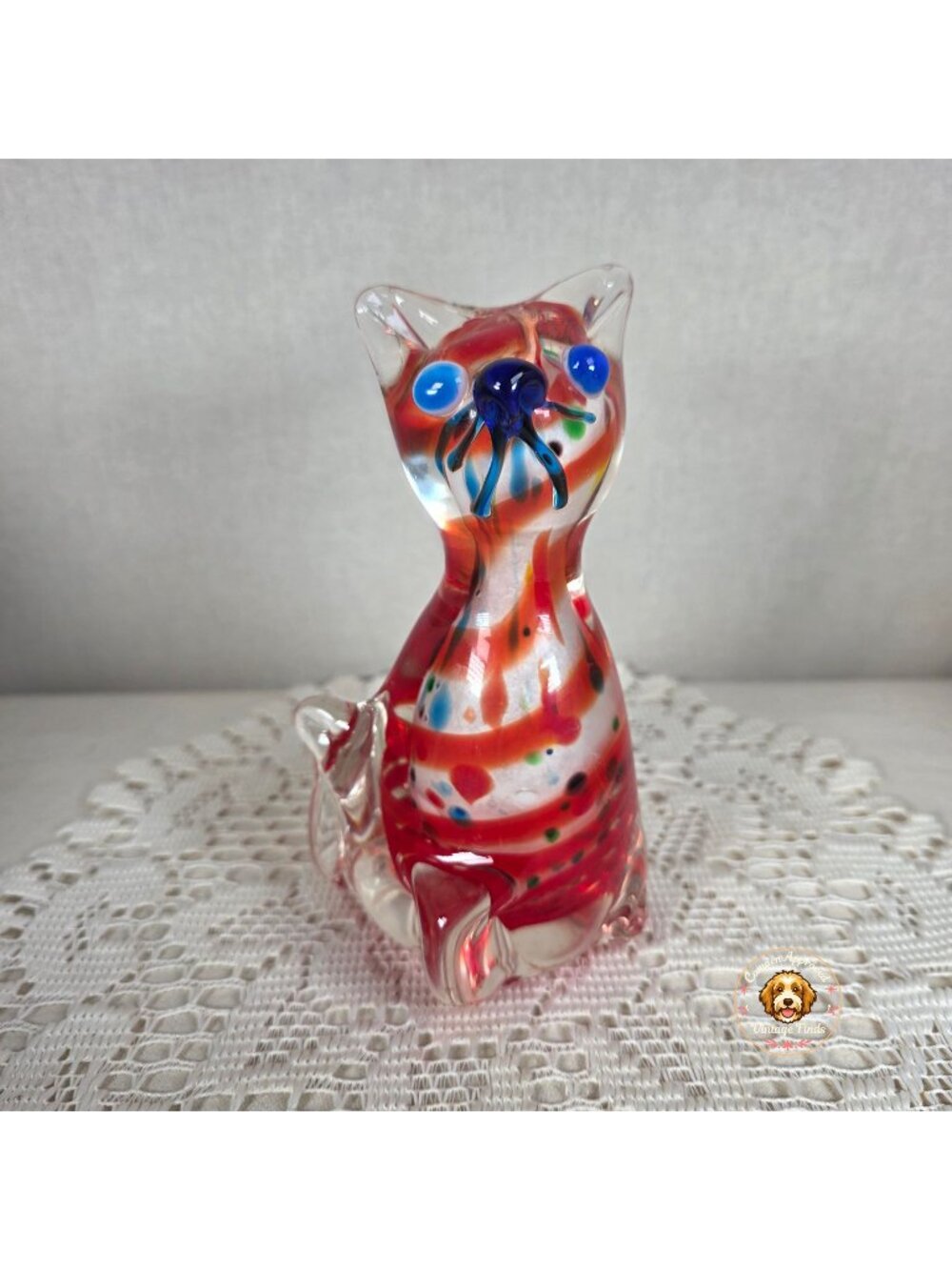 Vintage Hand Blown Art Glass Cat Figurine Red Confetti Spatter Multicolor Murano